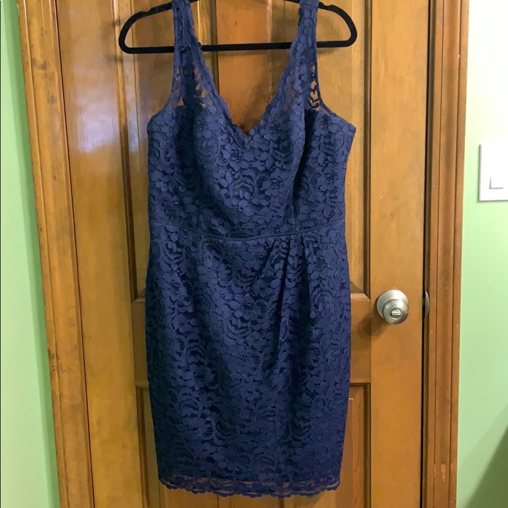 Elegant David’s Bridal Navy Lace Overlay Dress